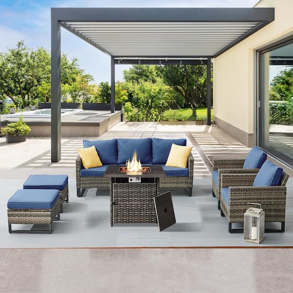 U-Weave 6-Piece Gray Wicker Outdoor Square Fire Pit Conversation Set with Navy Blue Cushions and Sofa Set