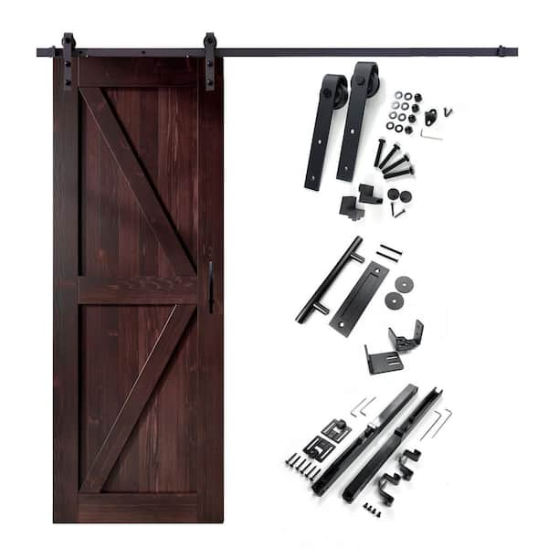 36 in. x 84 in. K-Frame Red Mahogany Solid Pine Wood Interior Sliding Barn Door with Hardware Kit, Non-Bypass