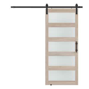 34 in. x 84 in. 5-Lite Frosted Glass Light Oak Finished MDF Sliding Barn Door with Hardware Kit