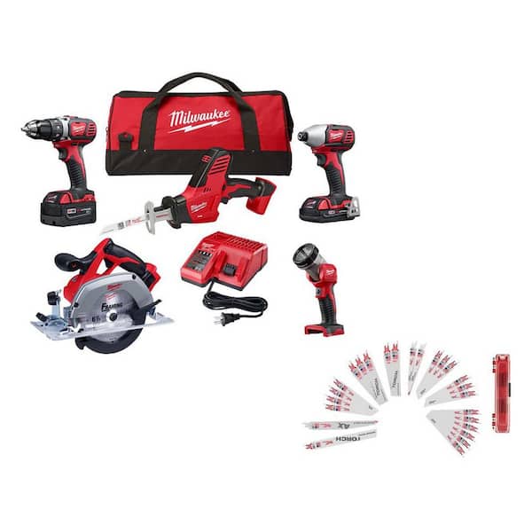 M18 18V Lith-Ion Cordless Combo Kit (5-Tool) w/ 3. 0Ah & 1. 5Ah Battery, Charger, Tool Bag, & Recip Saw Blade Set