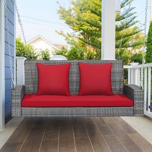 2-Person Patio PE Wicker Hanging Porch Swing with Red Cushion and 800lbs Weight Capacity