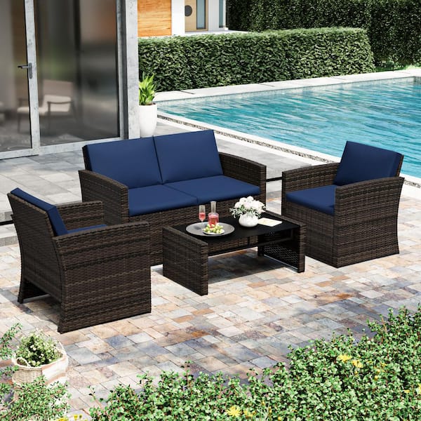 Esunny 4-Piece Outdoor Wicker Patio Conversation Set Furniture Set Chat Set with Dark Blue Cushions