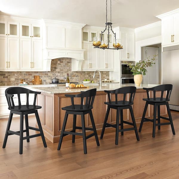 Black Classic Windsor 37.4 in. Swivel Barstool Solid Wood Counter Height Stool with Thicked Spindle Back Set of 4