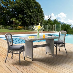 Asti 3-Piece All-Weather Wicker Outdoor Dining Set with 30 in. H Table with Glass Top and 2 Dining Chairs with Cushions