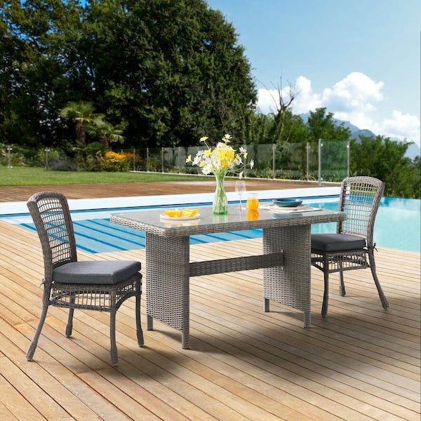 Alaterre Furniture Asti 3-Piece All-Weather Wicker Outdoor Dining Set with 30 in. H Table with Glass Top and 2 Dining Chairs with Cushions