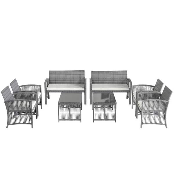 Sunfurnn Gray Rattan 8 Piece Outdoor Furniture Chair Table Patio Set Wicker Conversation Seating Beige Cushion Hm Sh001141aae The Home Depot Outdoor Furniture Rattan Chair, 8 Piece Outdoor Furniture Set