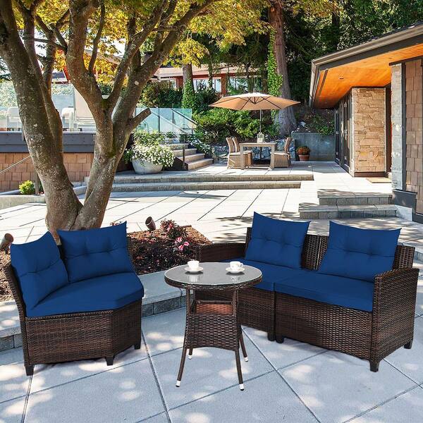 Costway 4-Piece Wicker Rectangular Patio Conversation Set with Navy  Cushions HW66920NY+ - The Home Depot