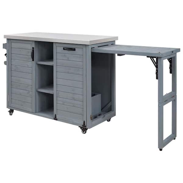 Outdoor Wooden Serving Cart, Kitchen Island Grill Cart Bar with Collapsible Grill Table, Stainless Steel Top, Gray Blue