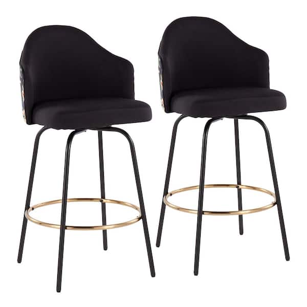 Lumisource Ahoy 37 in. Black Fabric and Floral Print with Black Metal Counter Height Bar Stool with Round Gold Footrest (Set of 2)