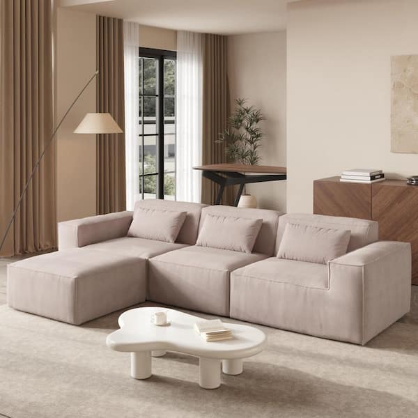 118 in. Square Arm Cloud Fleece Fabric Memory Foam L-shaped 3-Seater Modular Sectional Sofa with Ottoman in. Brown