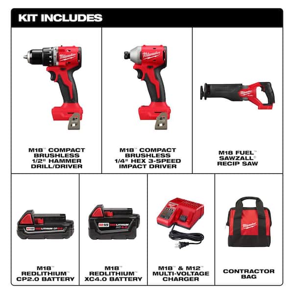 M18 18-Volt Lith-Ion Brushless Cordless Compact Hammer Drill/Impact Combo Kit w/2 Batteries & M18 FUEL SAWZALL