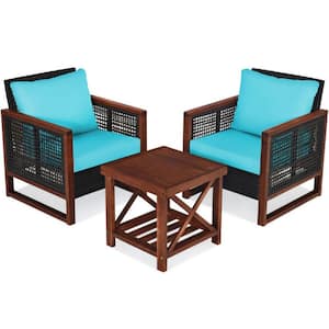 3-Pieces Wicker Patio Conversation Furniture Set W/Cushion Guard Blue Cushion and Acacia Wood Coffee Table