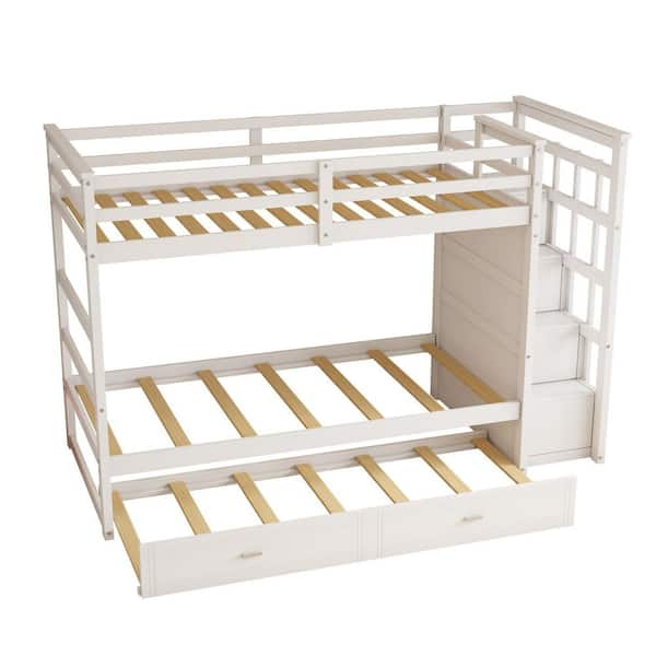 Donason White Twin Over Twin Solid Wood Bunk Bed with Trundle and ...