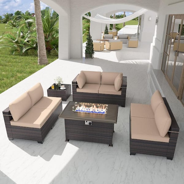 Halmuz 8-Piece Wicker Patio Conversation Set with 55000 BTU Gas Fire Pit Table and Glass Coffee Table and Sand Cushions