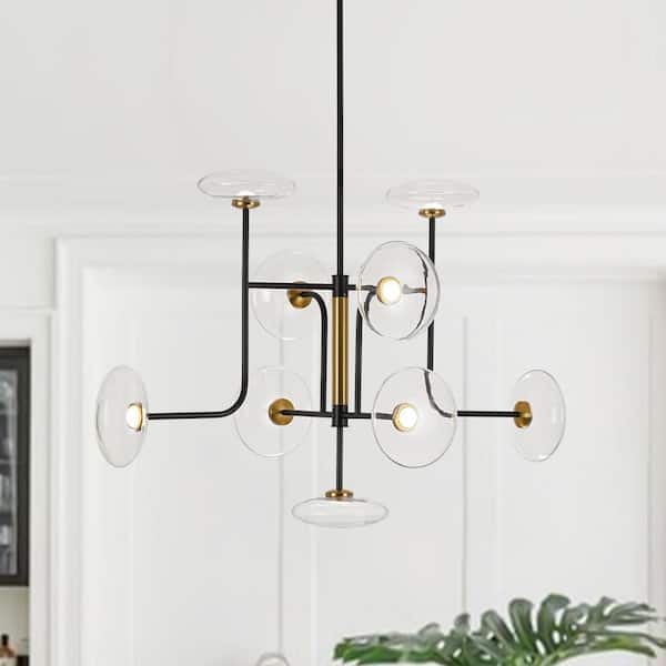 Toluo 9-Light 43.3 in. W Matte Black Integrated LED Chandelier with Saucer Glass Shade Modern Sputnik Living Room Light