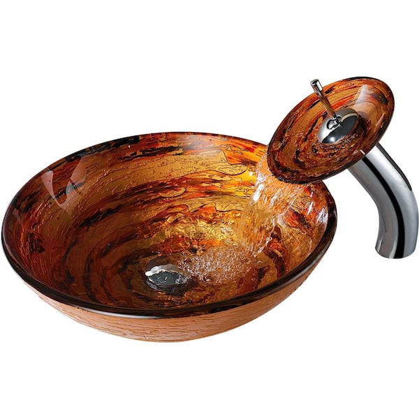 ANZZI Stanza Series Vessel Sink in Brown with Pop-Up Drain and Matching Faucet in Lustrous Brown