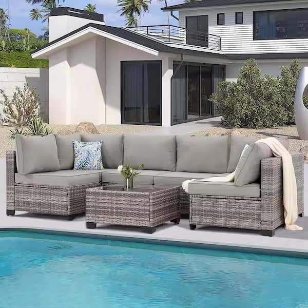 Unbranded 7-Piece Gray Hand Woven Rattan Wicker Outdoor Sectional Sofa Set with Gray Cushions