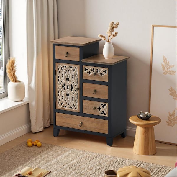 Rich Natural Blue 12 in. W Farmhouse Carved Wood Accent Chest Dresser with 1-Door and 5-Drawer