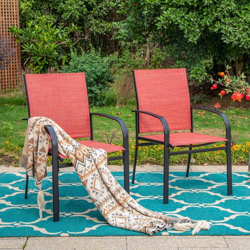 Red and Black Steel Patio Dining Armchairs with Cushions
