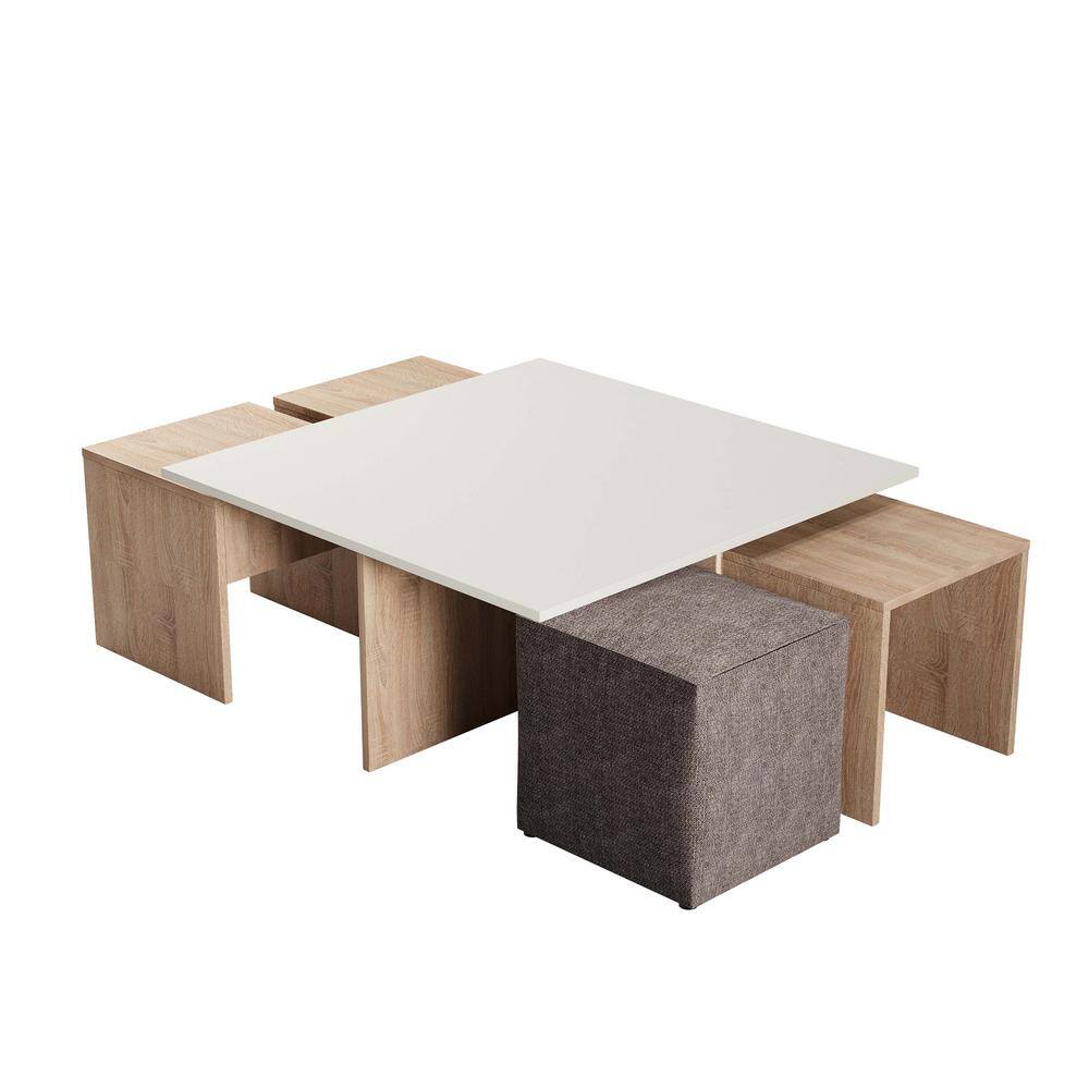 Haley Natural and Beige Nested Coffee Table with Ottoman Set