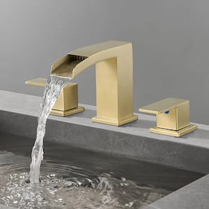 Waterfall 8 in. Widespread Double Handle Low Arc Bathroom Faucet with Drain kit Included in Brushed Gold(1-Pack)