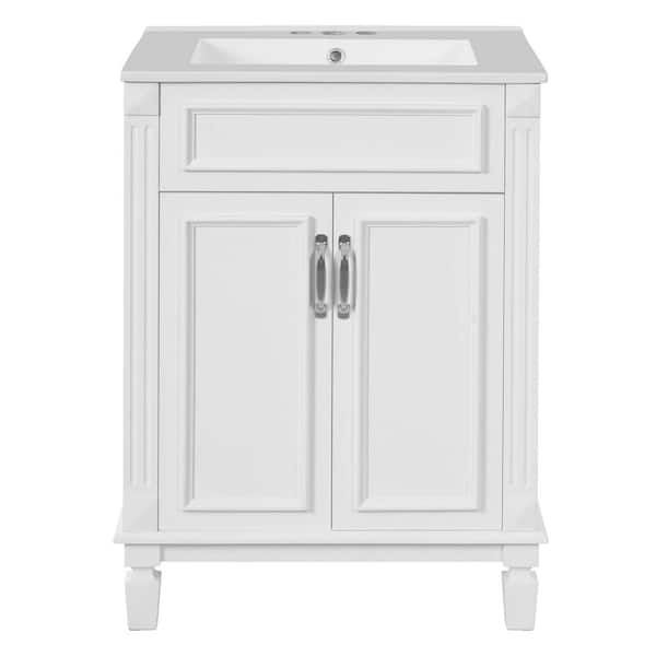 24 in. Freestanding White Modern Bath Vanity with White Ceramic Sink Top 2 Soft-Closing Doors and Adjustable Shelf
