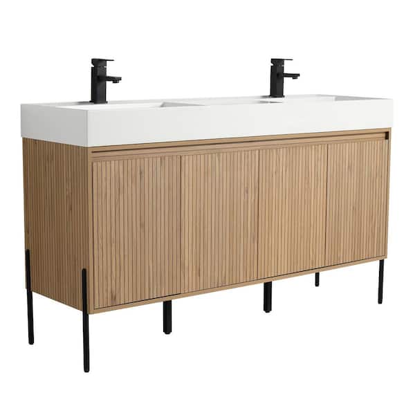 Crownpoint 60 in. Freestanding Double Bright Oak Bathroom Vanity with White Acrylic Sink Top Unassembled