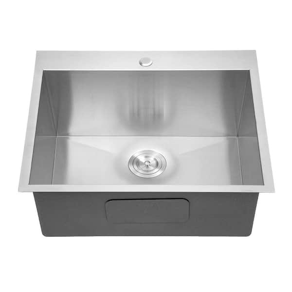 25 in. Drop-In Single Bowl 16 Gauge Brushed Nickel Stainless Steel Kitchen Utility Sink with Drying Rack, Basket