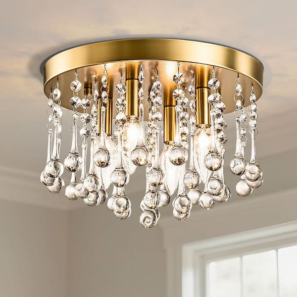 Sonoma 11.8 in. 4-Light Modern Brushed Brass Metal Crystal Flush Mount