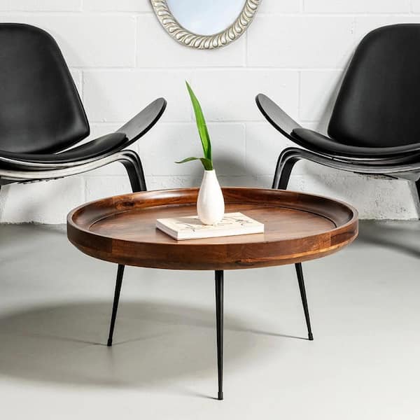THE URBAN PORT Gia 30 in. Brown and Black Round Mango Wood Coffee Table with Splayed Metal Legs
