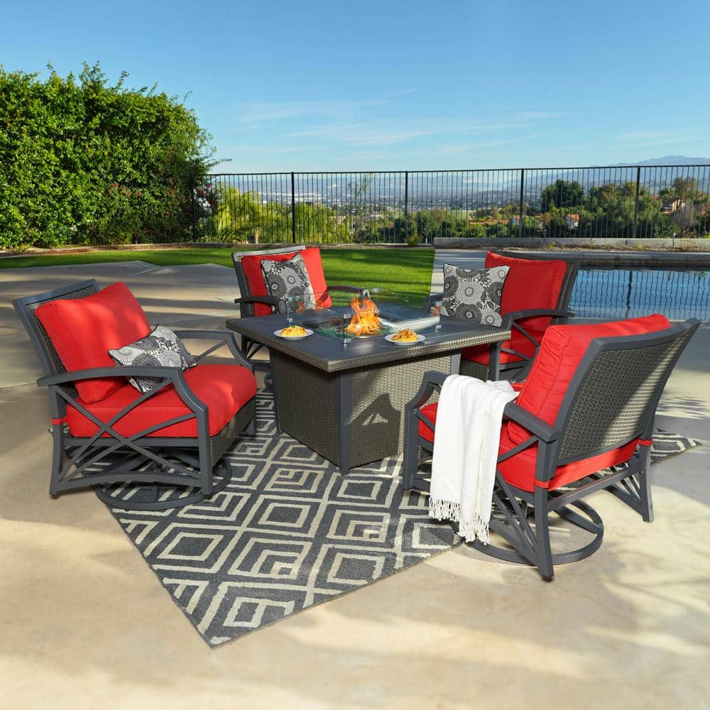 Ethan 5-Piece Red Cushion Aluminum Fire Pit Patio Set