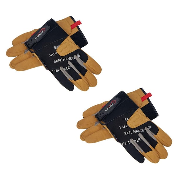 Safe Handler Large/X-Large, Tan/Black Reinforced Suede Leather Padding Gloves Hook and Loop Wrist Strap (Pack of 2)