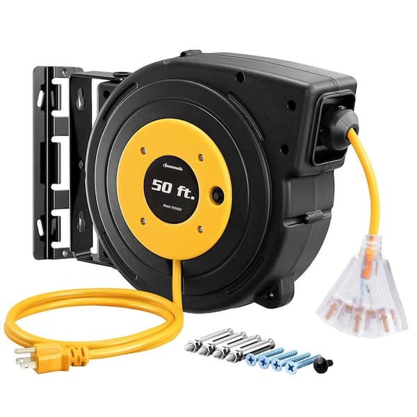 50 ft. 14/3 SJTOW 13 Amp Retractable Extension Cord Reel with 3-Lighted Triple Outlets, Yellow