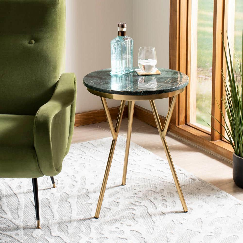 Aurelia 18" Transitional Round Stone Top End Table in Green & Gold