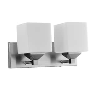 16 in. 2-light Brushed Nickel Square Shade Wall Vanity Light with Frosted Glass Shade