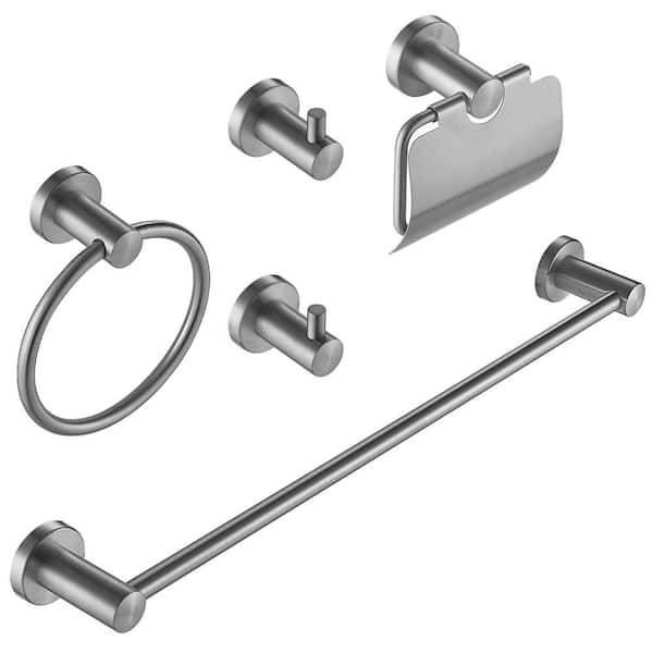 HOMEMYSTIQUE 5-Piece Bath Hardware Set with Towel Bar Towel Ring Towel Hook Toilet Paper Holder in Brushed Nickel