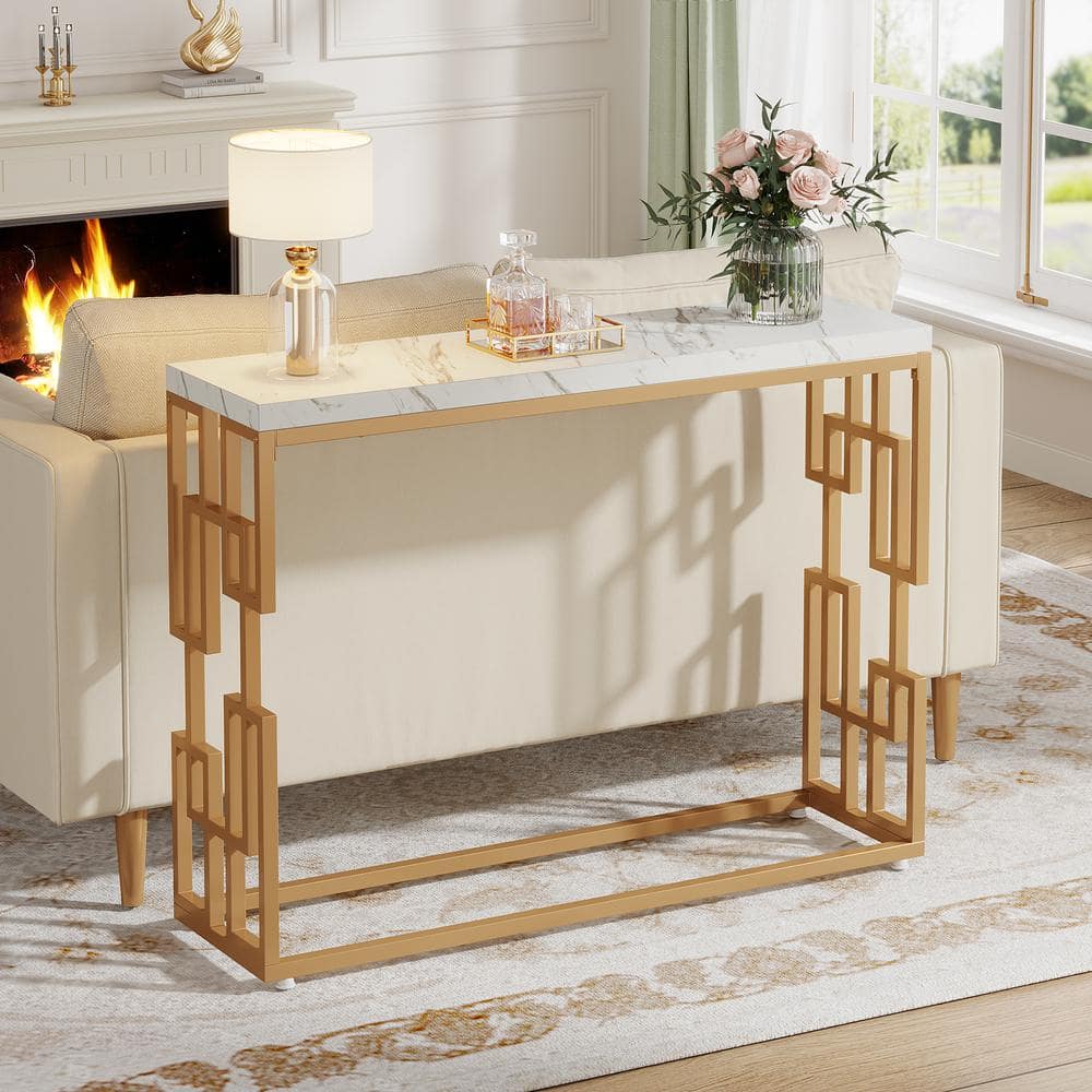 Modern Gold Console Table with White Faux Marble Top