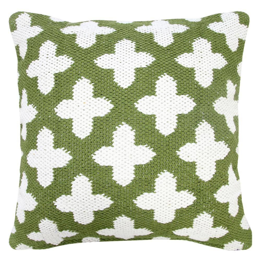Green and White Woven Geometric Cotton Throw Pillow, 20" Square