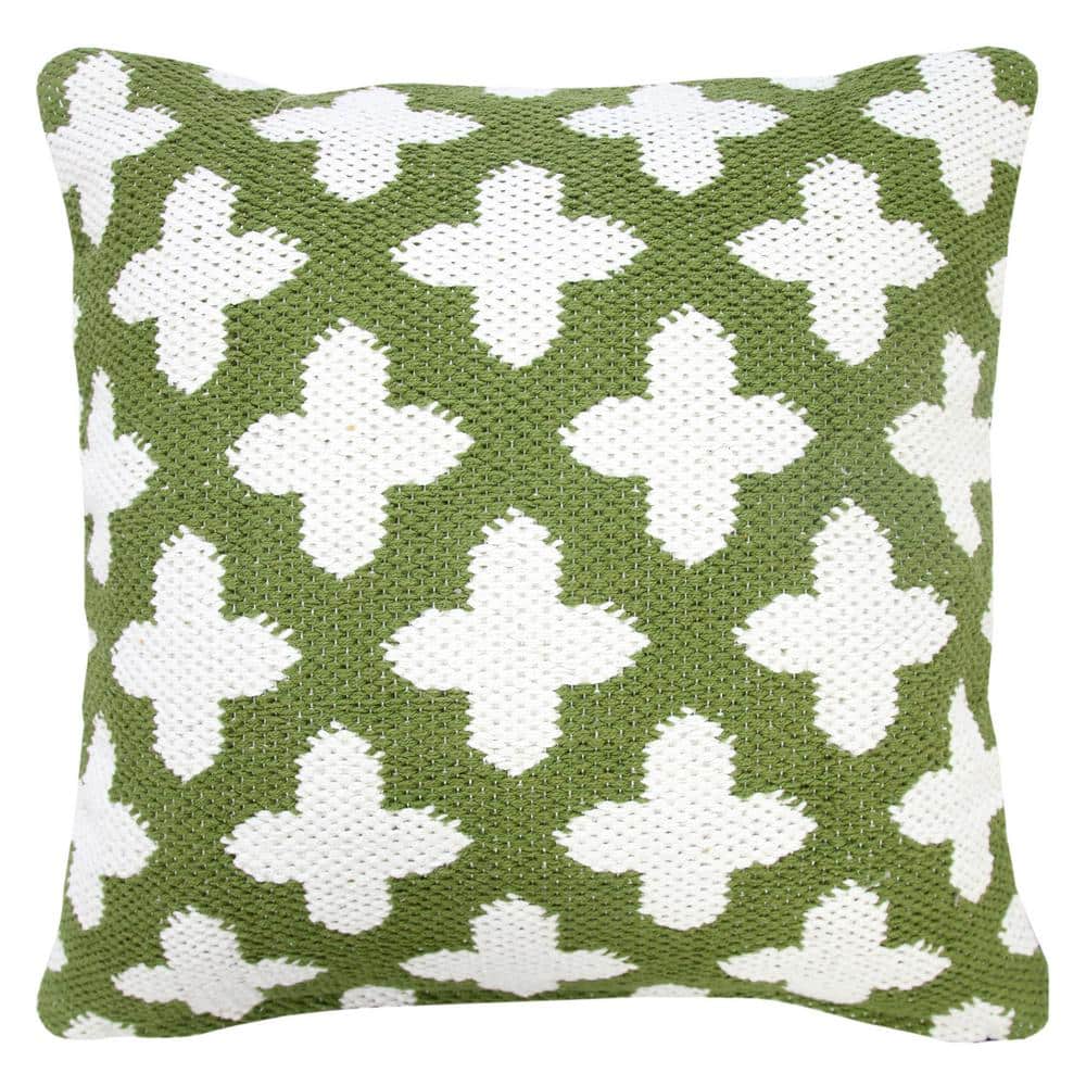 Green and White Woven Geometric Cotton Throw Pillow, 20" Square
