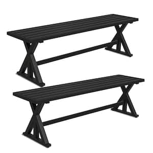 Black Metal Outdoor Benche Chairs Slatted Picnic Benches with Sturdy X-Leg for Garden Bistro Backyard Set of 2