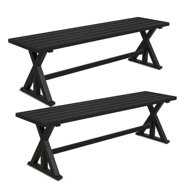 Unbranded Black Metal Outdoor Benche Chairs Slatted Picnic Benches with Sturdy X-Leg for Garden Bistro Backyard Set of 2
