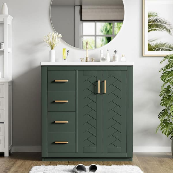 30 in. Single Sink Freestanding Green Bath Vanity with White Ceramic Top, Ample Storage Space, Gold Handles
