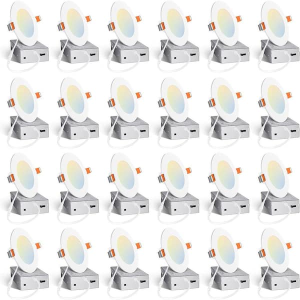 24pack 4 in. 5CCT Dimmable Ultra-Thin Integrated LED Recessed with Junction Box, 2700K to 5000K Selecttable 700Lumens