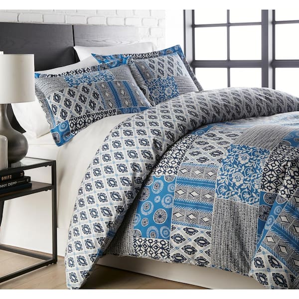 SOUTHSHORE FINE LINENS Global Patchwork 2-Piece Blue Twin/Twin XL King Duvet Cover and Sham Set