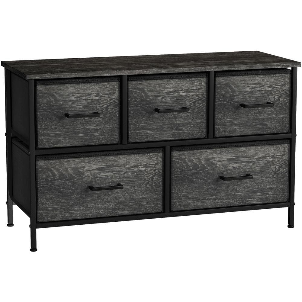 5-Drawer Black Dresser Steel Frame Wood Top Easy Pull Fabric Bins 24.62 in. H x 39.5 in. W x 11.87 in. D