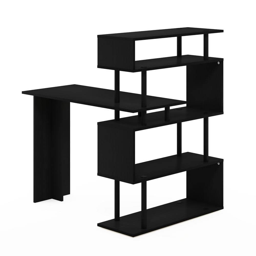 L-Shape Black Wood Corner Computer Desk with 5-Tier Shelves