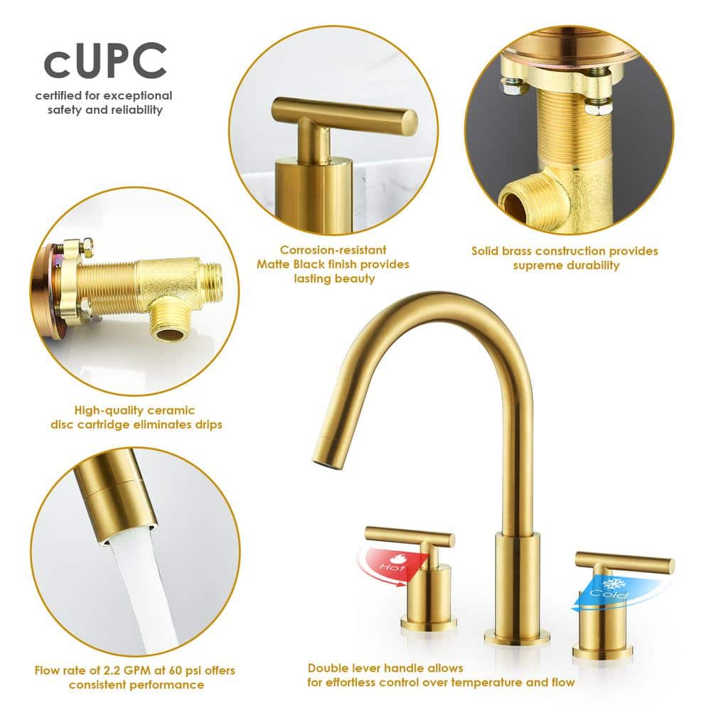 Balen Brushed Gold Solid Brass Widespread Bathroom Faucet