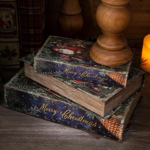 Glitzhome Decorative Book Boxes Antique Christmas Santa Book Boxes Set of 2 Farmhouse Storage Book Set Vintage Faux Book Set for Christmas Festivals