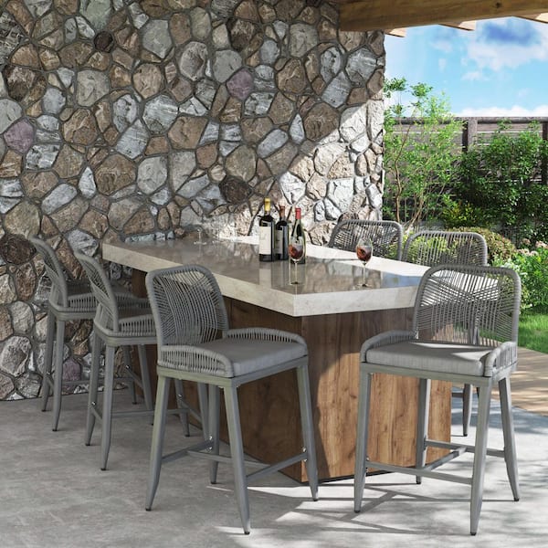 Aluminum Outdoor Bar Stool with Gray Cushion (6-Pack)