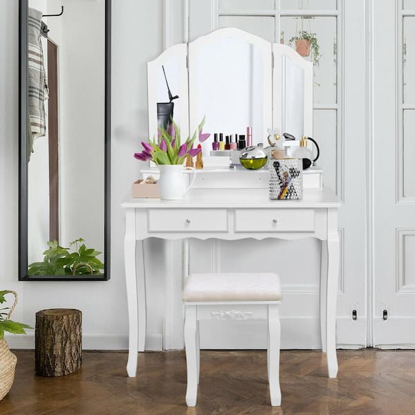 86 White Freestanding Double Sink Bathroom Vanity Set with Makeup Table  Marble Top
